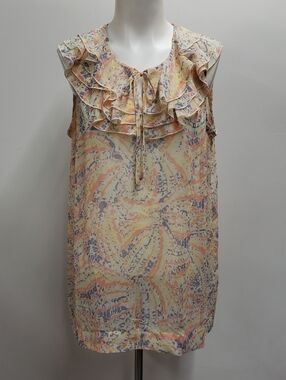 CAbi Sheer Tunic Women's Large Sheer Ruffle Sleeveless Multicolor Blouse